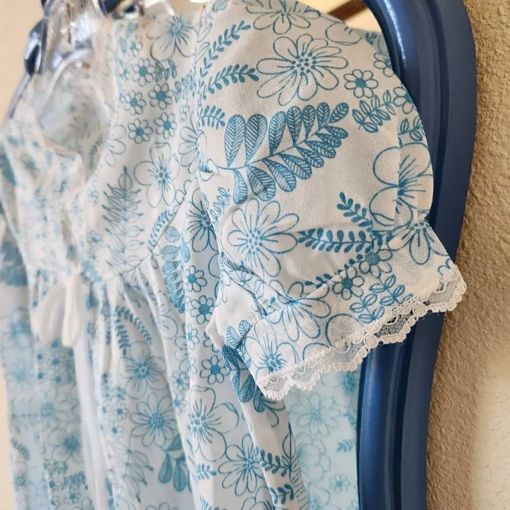 Vintage toddler 3-4t moo moo pajama dress 70s floral blue white sleepwear French